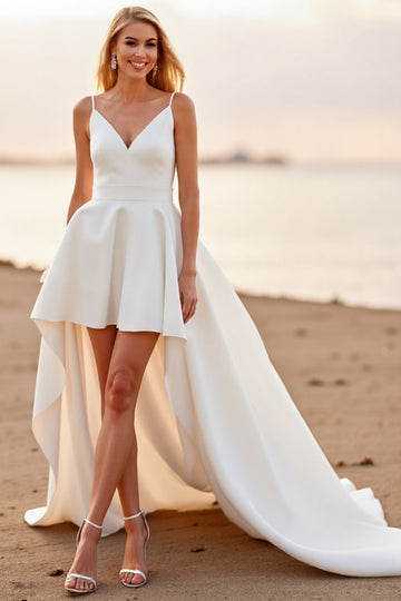 White A Line Spaghetti Straps High Low Wedding Dress